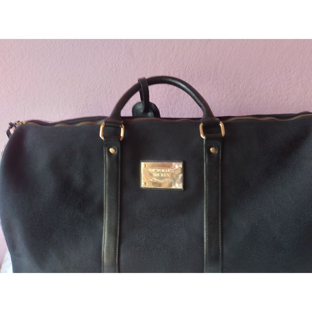 Victoria's Secret Black Canvas & Leather Weekender Duffle Bag Travel Carry-On